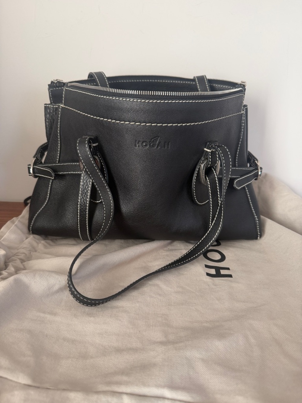 Hogan Black Leather Shoulder Satchel with White Contrast Stitching
